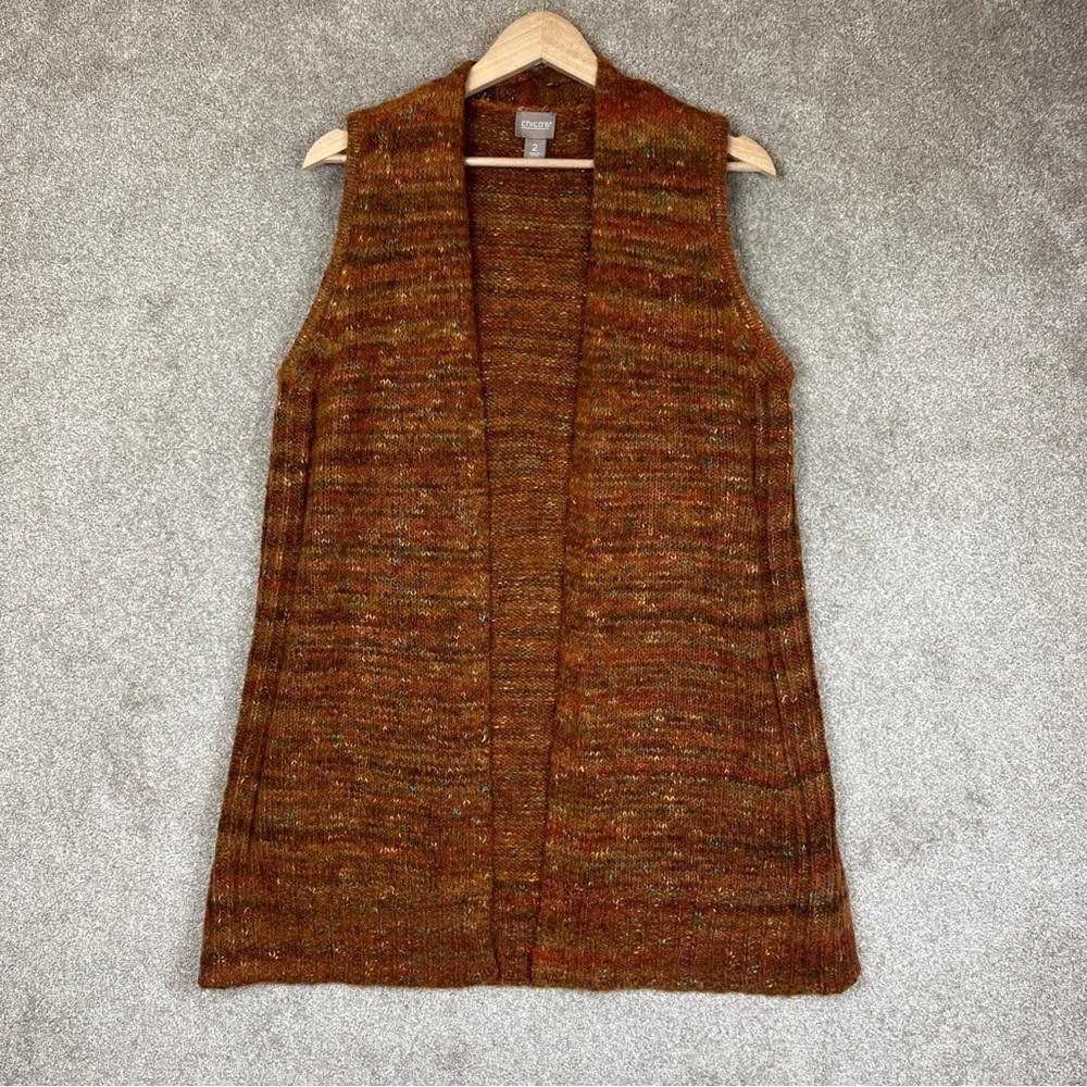 Chico’s Cardigan Womens 2 Brown Orange Sleeveless Acrylic Blend Stretch- 3107*